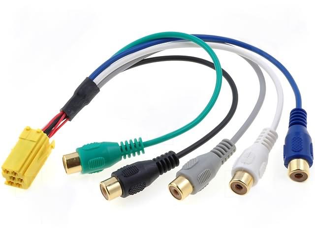 Cabo adaptador mini-ISO amarela saída 4xRCA + 1xRCA(woofer) (imagem para) Cabo adaptador mini-ISO amarela saída 4xRCA + 1xRCA(woofer)