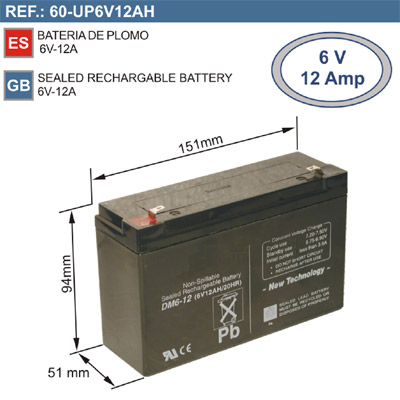 Bateria 6V 12A (151x94x51) (imagem para) Bateria 6V 12A (151x94x51)