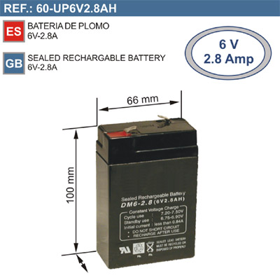 Bateria 6V 2,8A (66x100x33) (imagem para) Bateria 6V 2,8A (66x100x33)