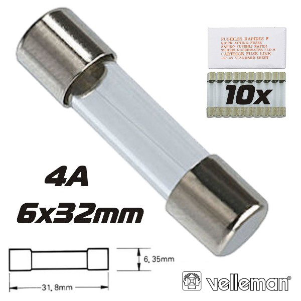 FUSÍVEL 6X32 FUSÃO RÁPIDA 4A (10X) VELLEMAN (imagem para) FUSÍVEL 6X32 FUSÃO RÁPIDA 4A (10X) VELLEMAN