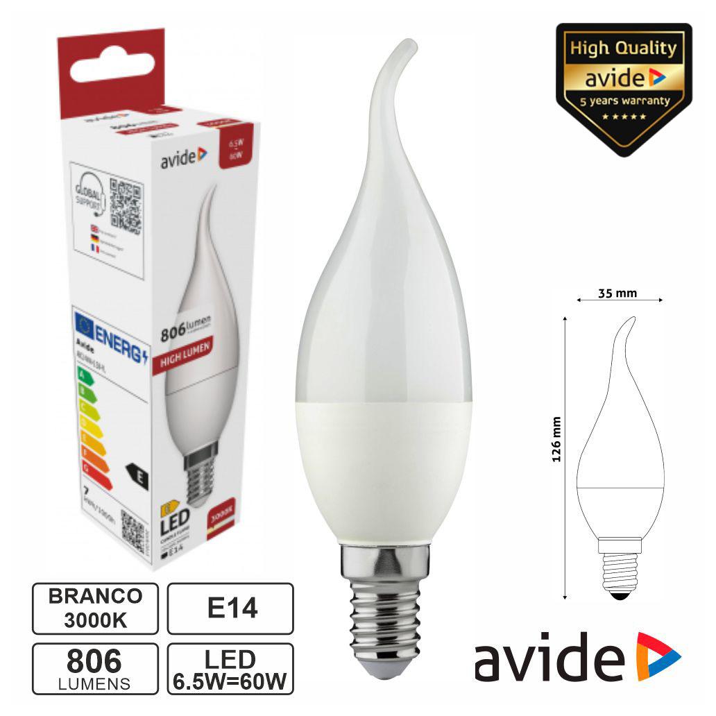 Lâmpada LED E14 Vela 6.5W 230V 2700K 806lm AVIDE (imagem para) Lâmpada LED E14 Vela 6.5W 230V 2700K 806lm AVIDE