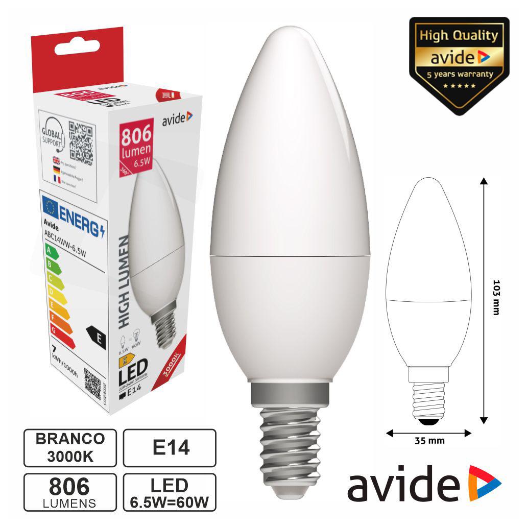 Lâmpada LED E14 Vela 6.5W 230V 3000K 806lm AVIDE (imagem para) Lâmpada LED E14 Vela 6.5W 230V 3000K 806lm AVIDE