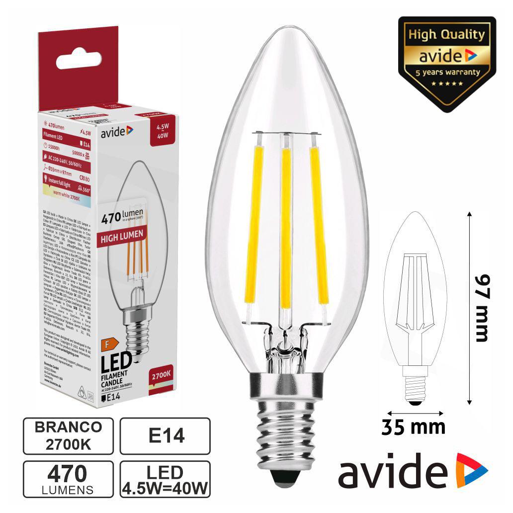 Lâmpada LED E14 Vela Filamento 4.5W 230V 2700K 470lm AVIDE (imagem para) Lâmpada LED E14 Vela Filamento 4.5W 230V 2700K 470lm AVIDE