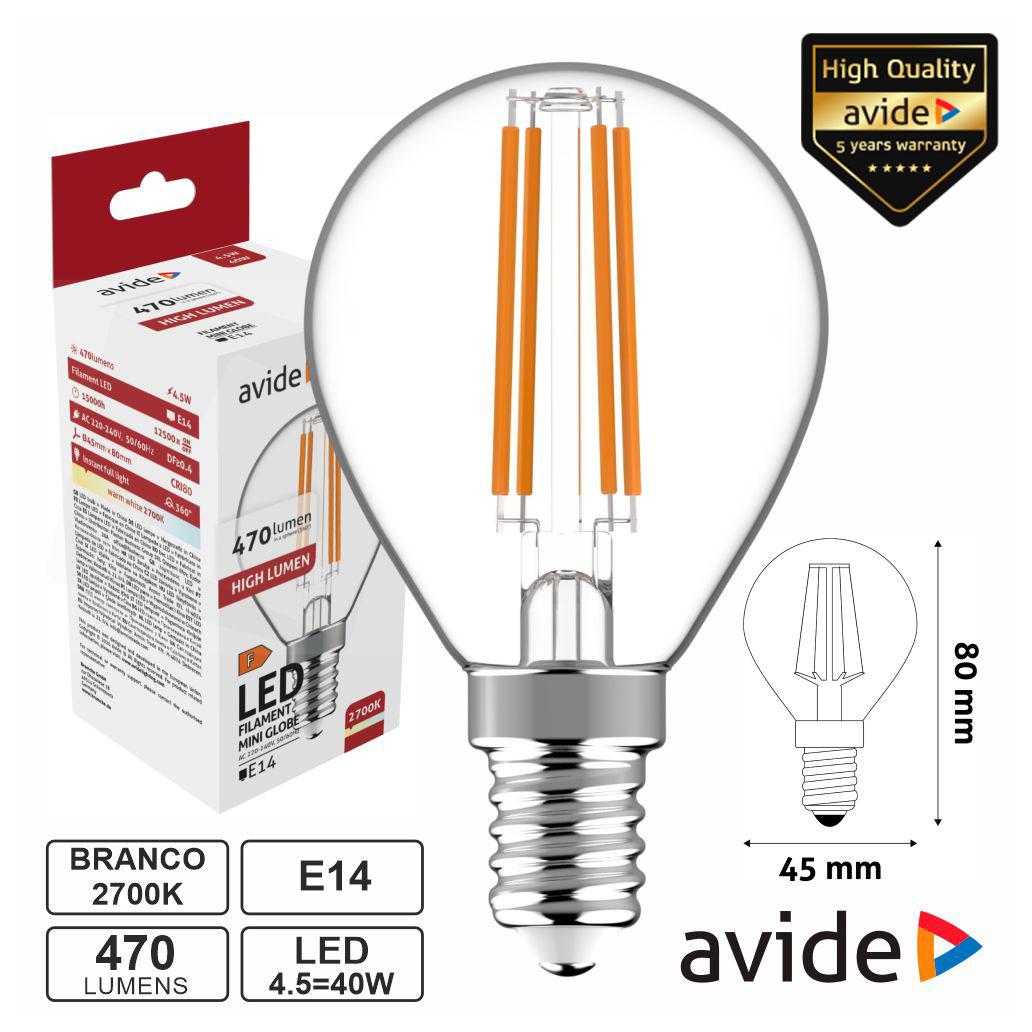 Lâmpada LED E14 Globo Filamento 4.5W 230V 2700K 470lm AVIDE (imagem para) Lâmpada LED E14 Globo Filamento 4.5W 230V 2700K 470lm AVIDE