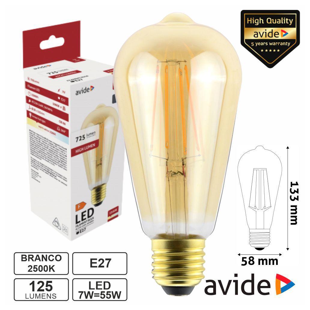 Lâmpada LED E27 Dimável Filamento 7W 230V 2500K 725lm AVIDE (imagem para) Lâmpada LED E27 Dimável Filamento 7W 230V 2500K 725lm AVIDE