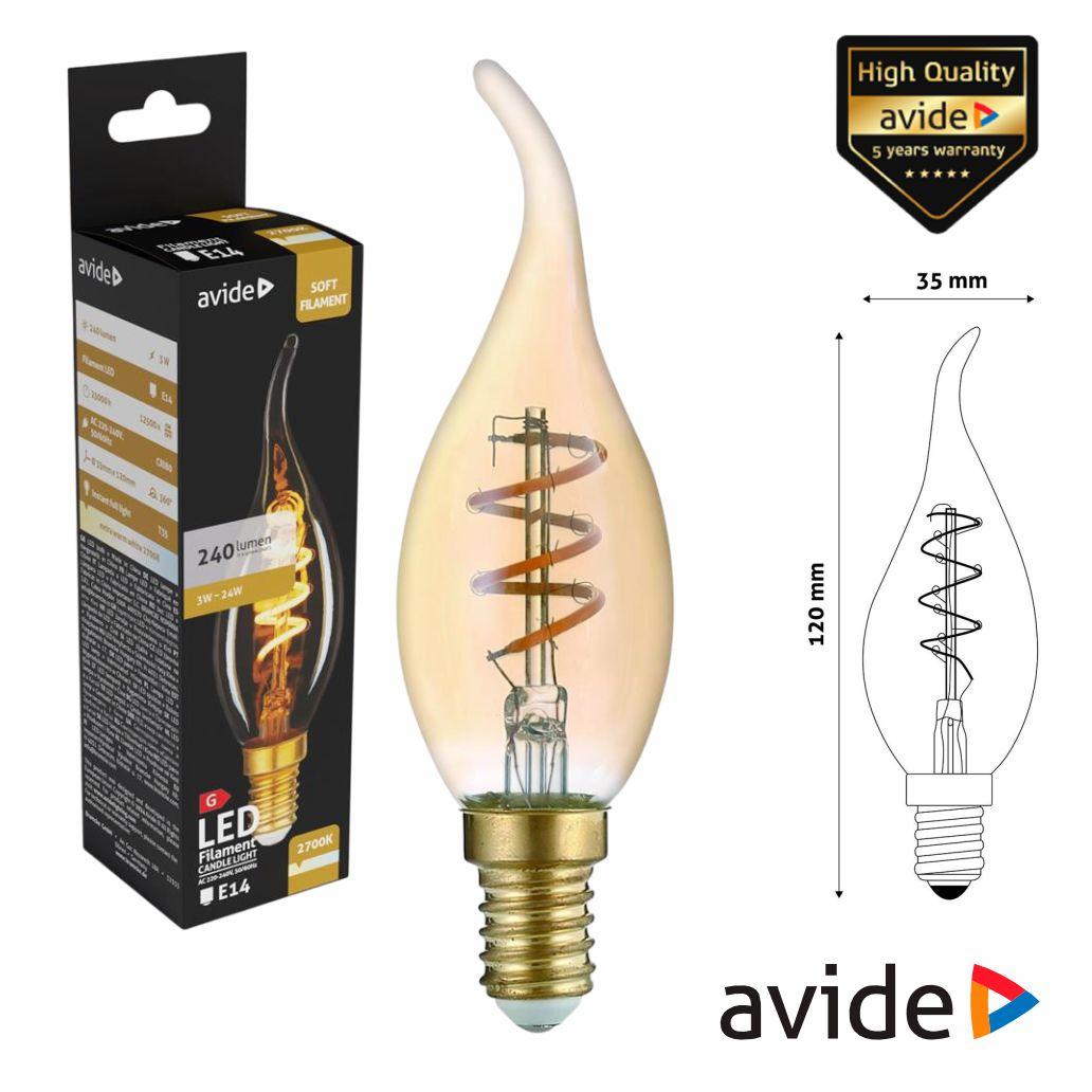 Lâmpada E14 3W Vela 230V Filamento 2700K 240lm AVIDE (imagem para) Lâmpada E14 3W Vela 230V Filamento 2700K 240lm AVIDE