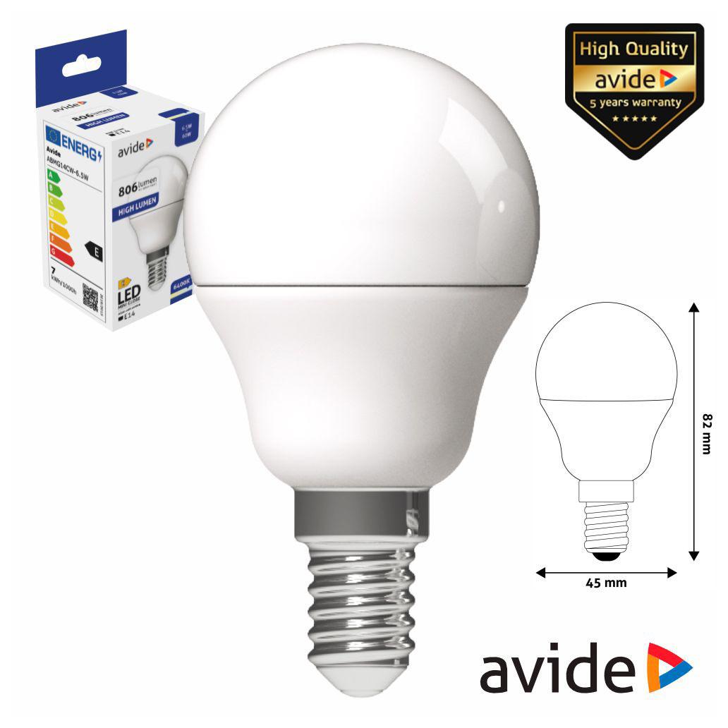Lâmpada LED E14 Globo G45 6.5W 230V 6400K 806lm AVIDE (imagem para) Lâmpada LED E14 Globo G45 6.5W 230V 6400K 806lm AVIDE