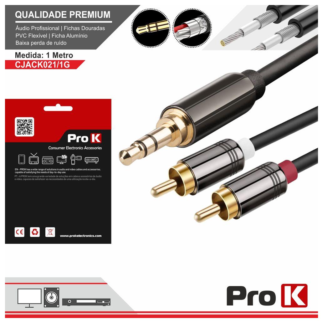 Cabo Jack 3.5mm Macho ST / 2-RCA Macho 1M PROK (imagem para) Cabo Jack 3.5mm Macho ST / 2-RCA Macho 1M PROK
