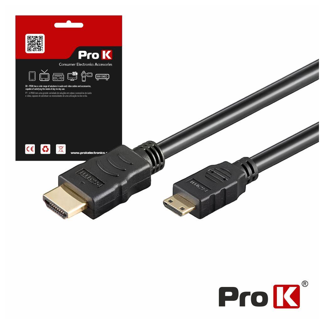 Cabo HDMI Dourado Macho / Mini HDMI Macho Preto 1.5m PROK (imagem para) Cabo HDMI Dourado Macho / Mini HDMI Macho Preto 1.5m PROK
