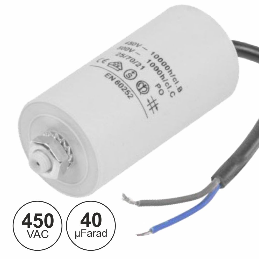 CONDENSADOR ARRANQUE 40UF 450V + TERRA C/ FIOS (imagem para) CONDENSADOR ARRANQUE 40UF 450V + TERRA C/ FIOS