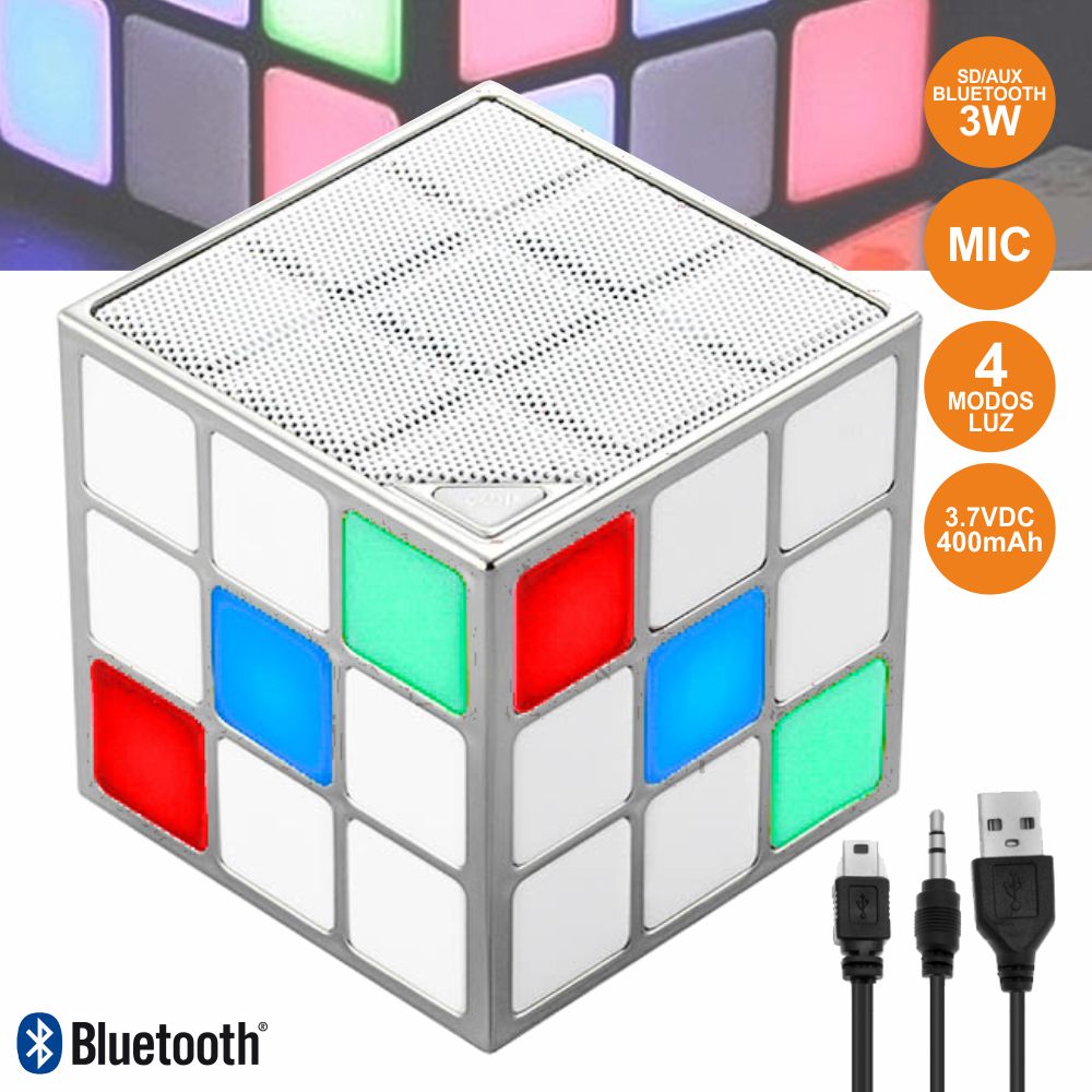 Coluna Bluetooth Cubo Mágico 3W LEDS RGB BT/SD/Aux/Bat (imagem para) Coluna Bluetooth Cubo Mágico 3W LEDS RGB BT/SD/Aux/Bat