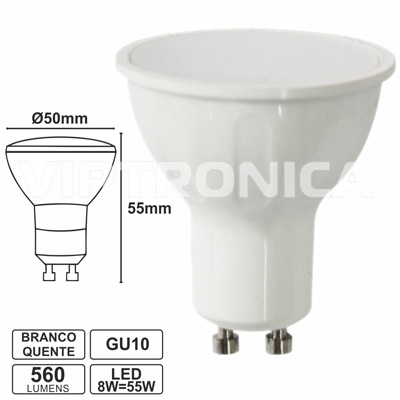 LÂMPADA GU10 8W=55W 230V LED BRANCO QUENTE 560LM (imagem para) LÂMPADA GU10 8W=55W 230V LED BRANCO QUENTE 560LM